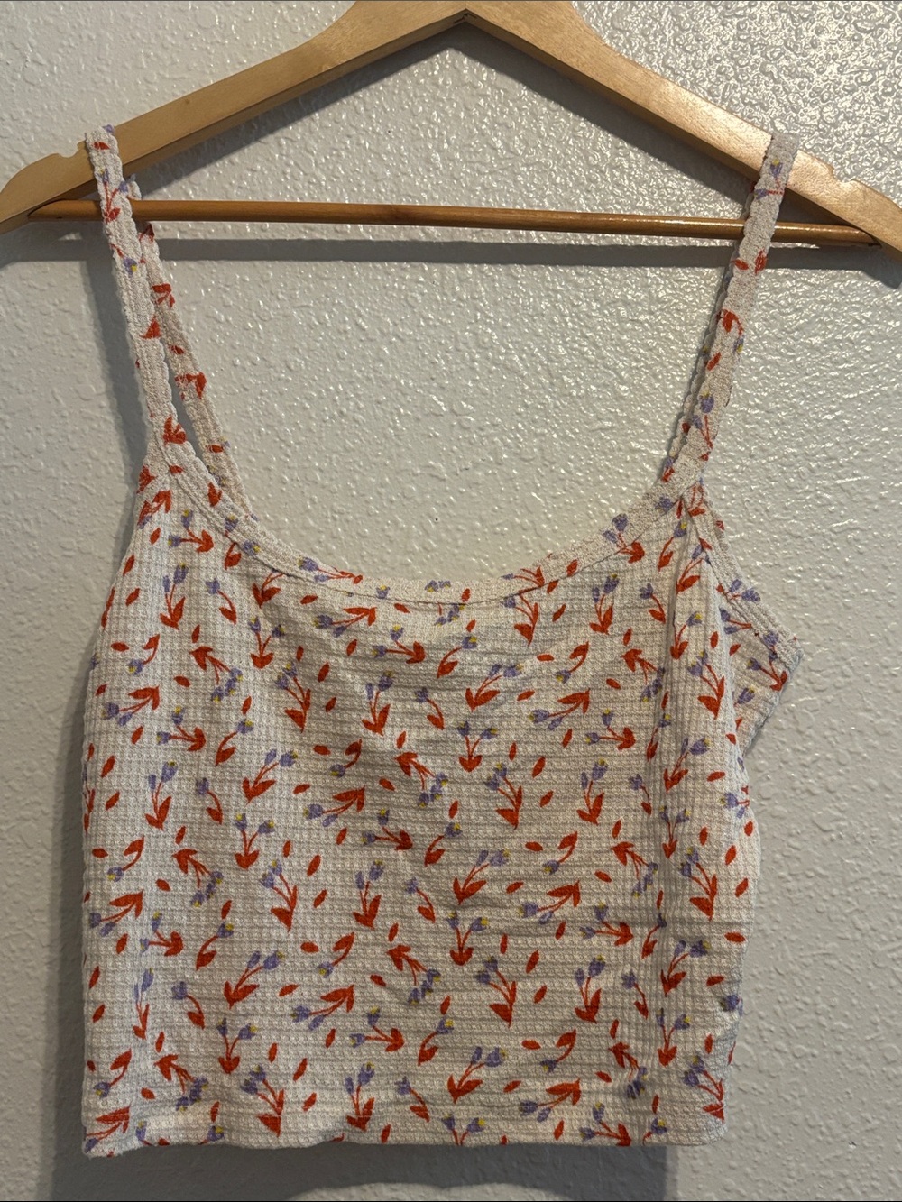 Free People White Cropped Floral Tank with Red & Lavender Print